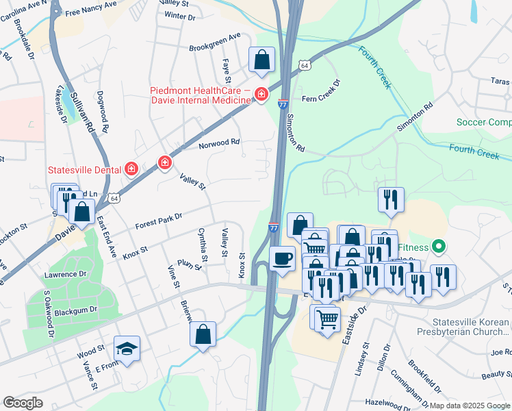 map of restaurants, bars, coffee shops, grocery stores, and more near 1508 Forest Park Drive in Statesville
