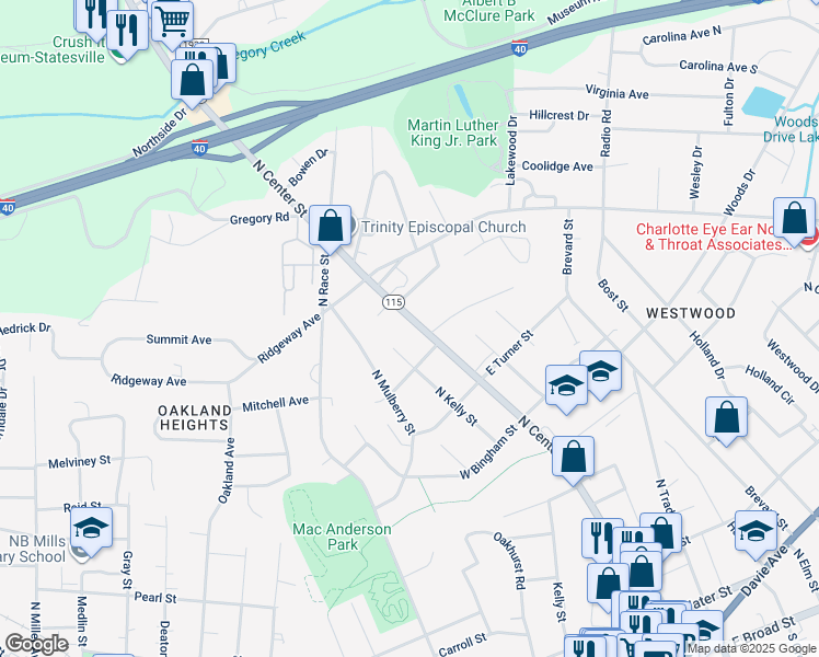 map of restaurants, bars, coffee shops, grocery stores, and more near 727 North Center Street in Statesville