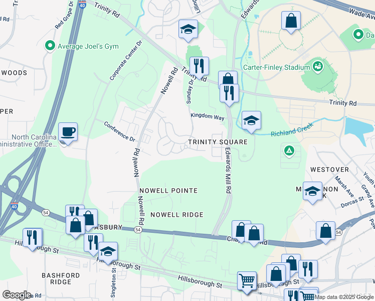 map of restaurants, bars, coffee shops, grocery stores, and more near 1140 Trinity Pine Lane in Raleigh