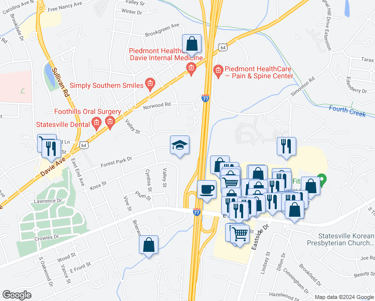map of restaurants, bars, coffee shops, grocery stores, and more near 1508 Forest Park Drive in Statesville