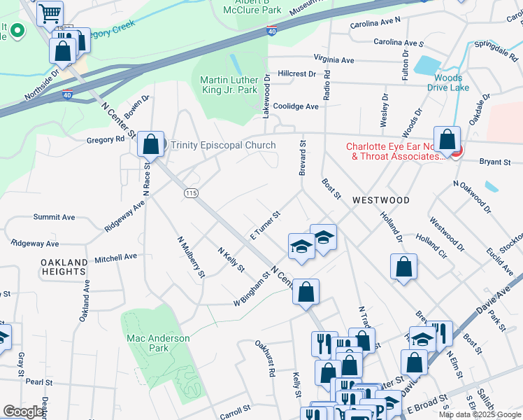 map of restaurants, bars, coffee shops, grocery stores, and more near 613 Poplar Street in Statesville