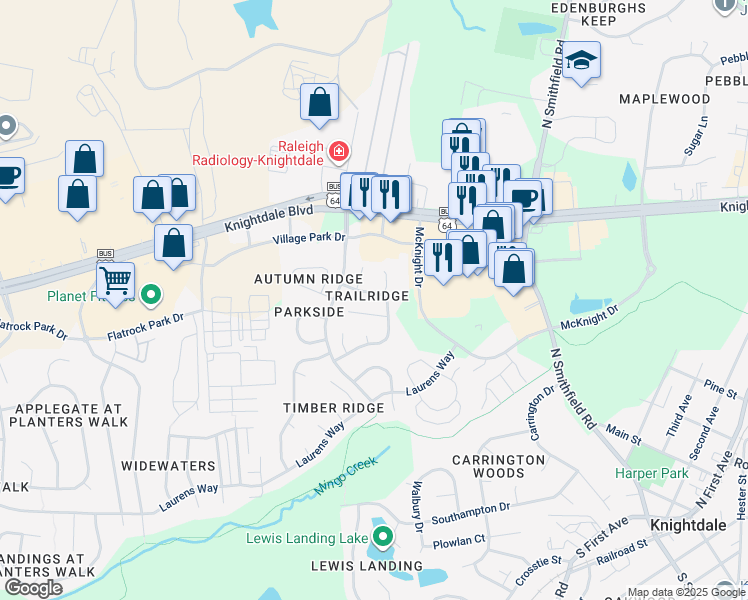 map of restaurants, bars, coffee shops, grocery stores, and more near 208 Indian Springs Drive in Knightdale
