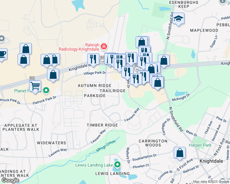 map of restaurants, bars, coffee shops, grocery stores, and more near 208 Indian Springs Drive in Knightdale