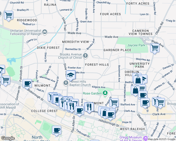 map of restaurants, bars, coffee shops, grocery stores, and more near 2724 Van Dyke Avenue in Raleigh
