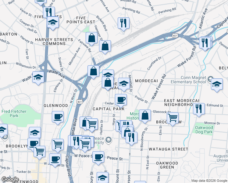 map of restaurants, bars, coffee shops, grocery stores, and more near 1155 Harp Street in Raleigh