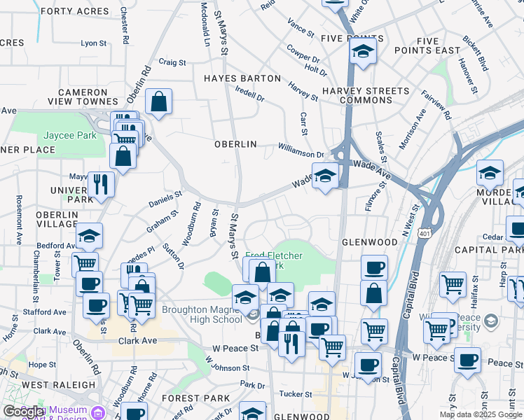 map of restaurants, bars, coffee shops, grocery stores, and more near 1041 Wirewood Drive in Raleigh