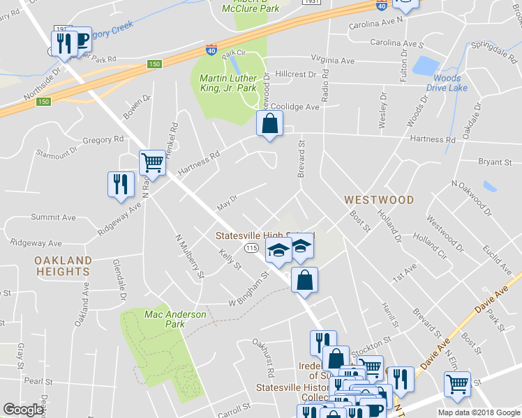 map of restaurants, bars, coffee shops, grocery stores, and more near 613 Poplar Street in Statesville