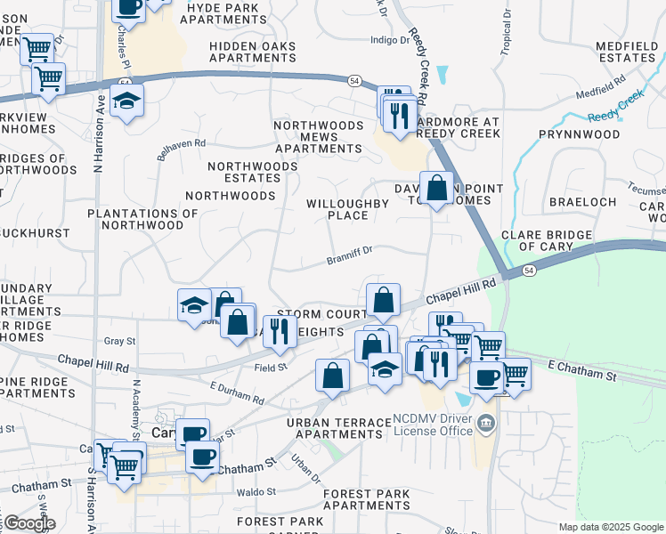 map of restaurants, bars, coffee shops, grocery stores, and more near 707 Branniff Drive in Cary