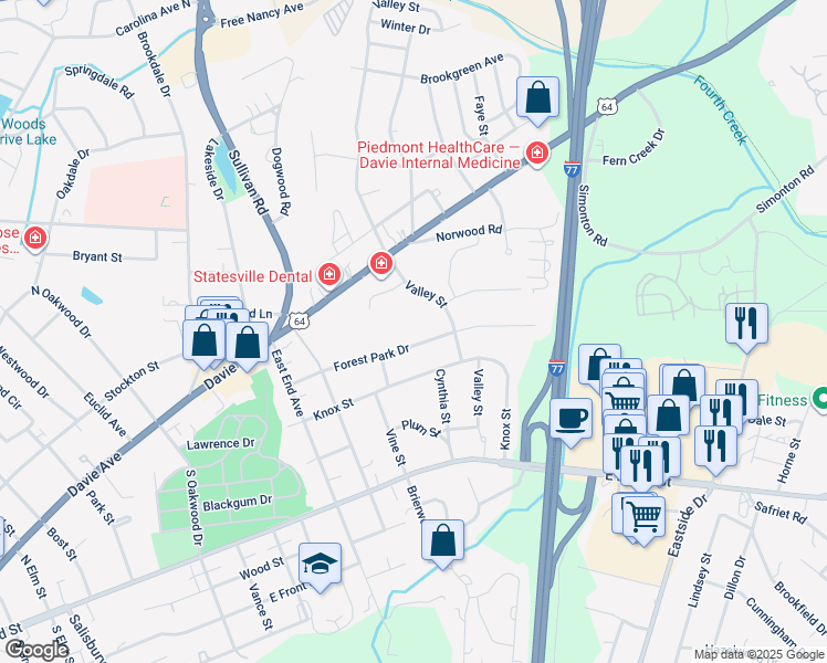 map of restaurants, bars, coffee shops, grocery stores, and more near 1321 Dixie Drive in Statesville