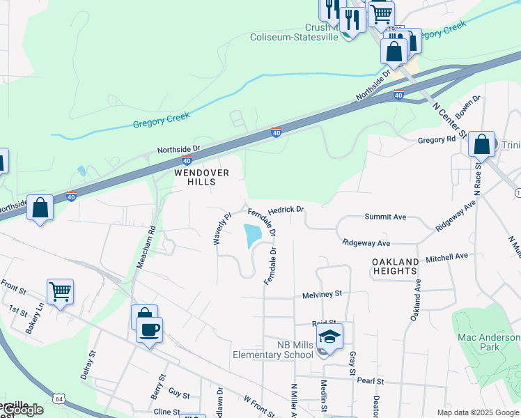 map of restaurants, bars, coffee shops, grocery stores, and more near 818 Ferndale Drive in Statesville