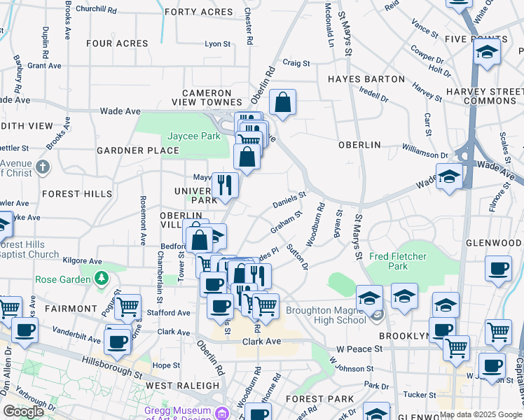 map of restaurants, bars, coffee shops, grocery stores, and more near 817 Daniels Street in Raleigh