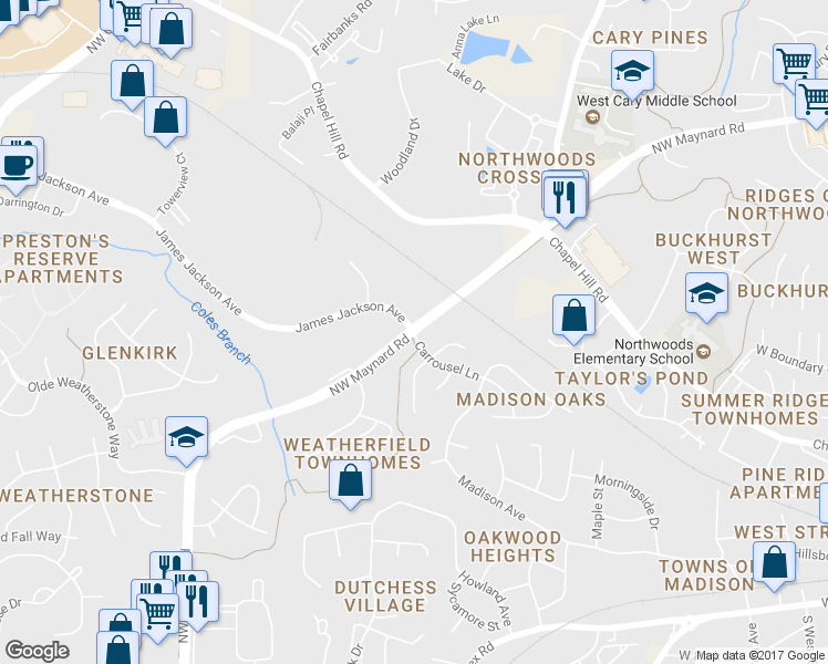 map of restaurants, bars, coffee shops, grocery stores, and more near Northwest Maynard Road in Cary