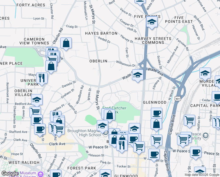 map of restaurants, bars, coffee shops, grocery stores, and more near 1021 Brighthurst Drive in Raleigh