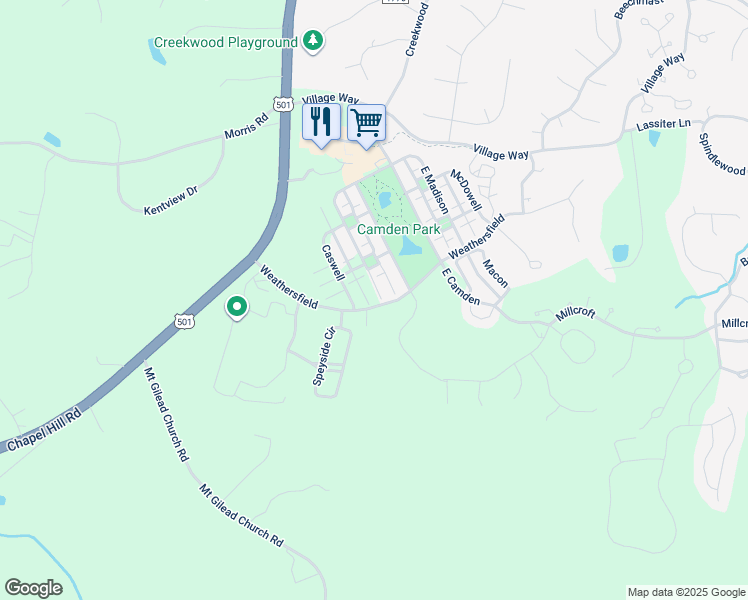 map of restaurants, bars, coffee shops, grocery stores, and more near 37 West Madison in Pittsboro