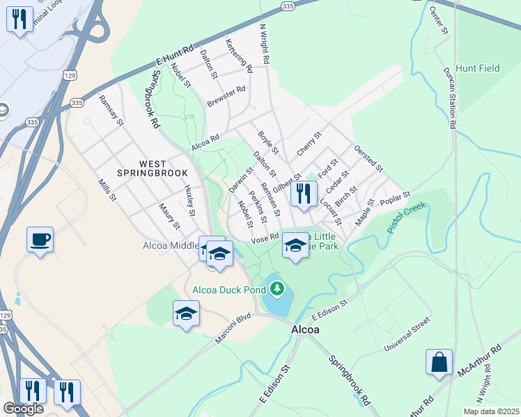 map of restaurants, bars, coffee shops, grocery stores, and more near 1357 Perkins Street in Alcoa