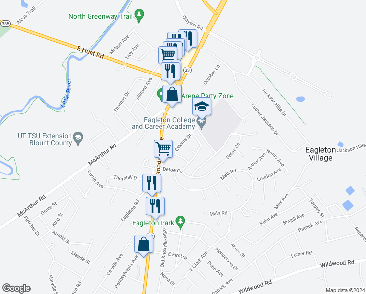 map of restaurants, bars, coffee shops, grocery stores, and more near 2524 Cinema Drive in Maryville