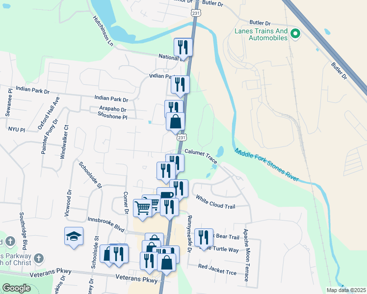 map of restaurants, bars, coffee shops, grocery stores, and more near 2638 Big Eagle Trail in Murfreesboro