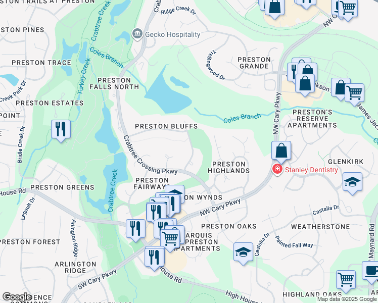map of restaurants, bars, coffee shops, grocery stores, and more near 109 Grey Bridge Row in Cary