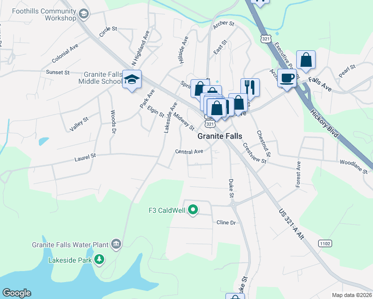 map of restaurants, bars, coffee shops, grocery stores, and more near 17 Lakeside Avenue in Granite Falls