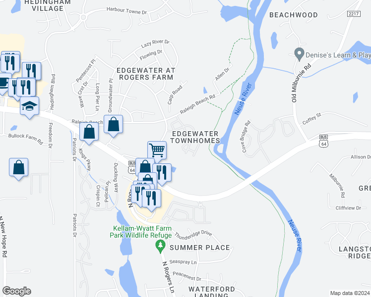 map of restaurants, bars, coffee shops, grocery stores, and more near 1917 Grassy Banks Drive in Raleigh