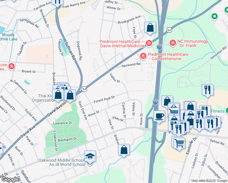map of restaurants, bars, coffee shops, grocery stores, and more near 1319 Forest Park Terrace in Statesville