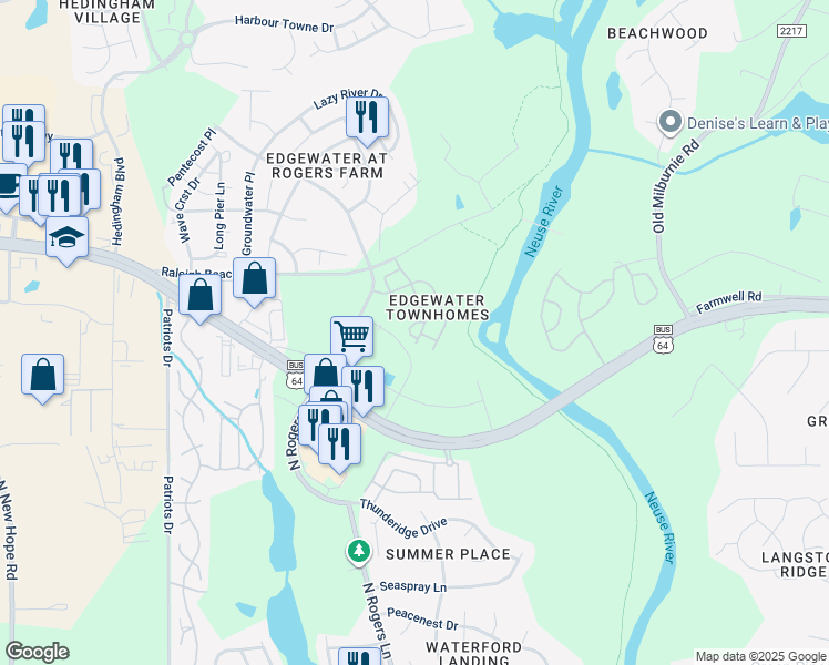 map of restaurants, bars, coffee shops, grocery stores, and more near 1917 Grassy Banks Drive in Raleigh