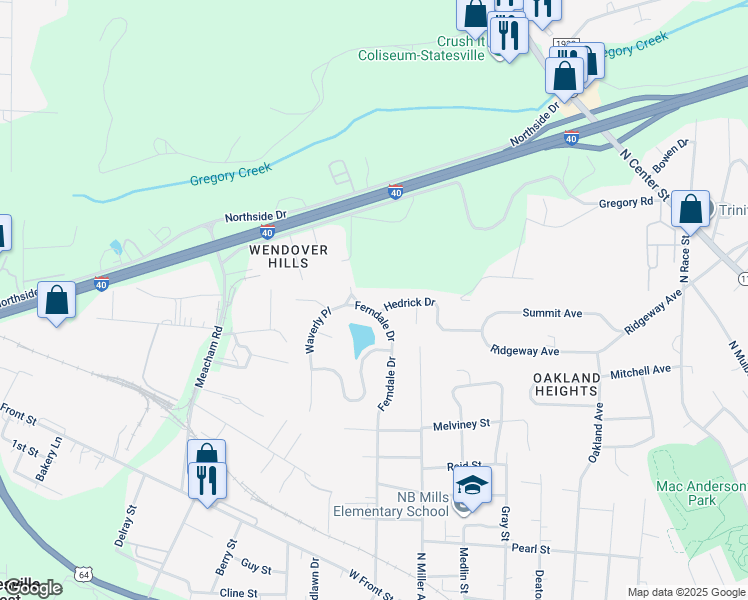 map of restaurants, bars, coffee shops, grocery stores, and more near 818 Ferndale Drive in Statesville