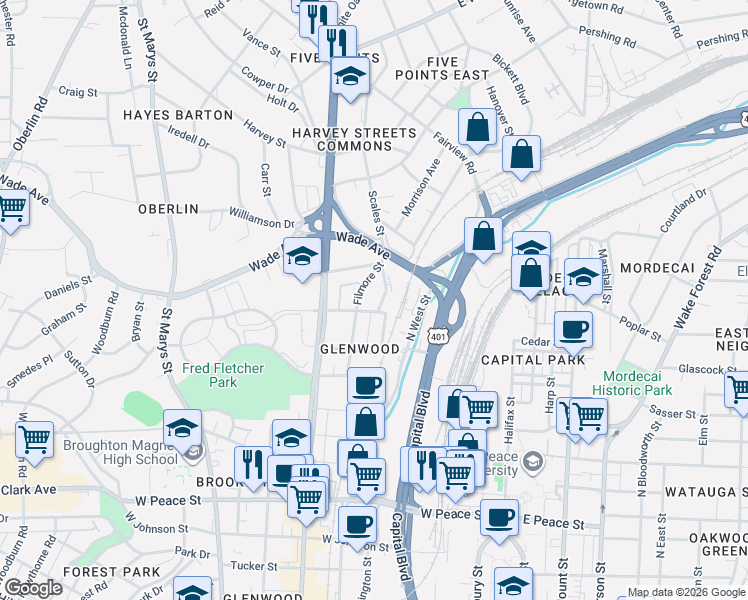 map of restaurants, bars, coffee shops, grocery stores, and more near 1318 Dale Street in Raleigh