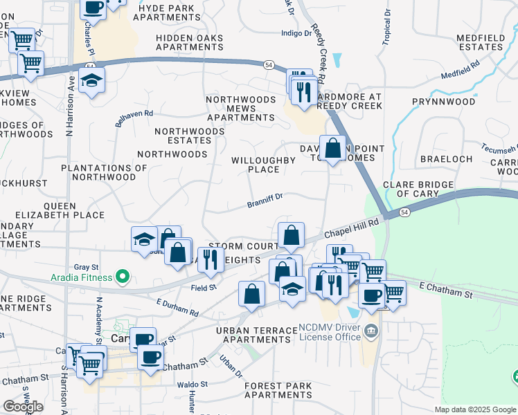 map of restaurants, bars, coffee shops, grocery stores, and more near 707 Branniff Drive in Cary