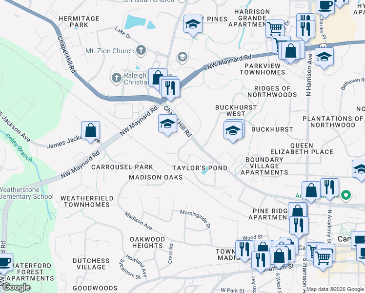 map of restaurants, bars, coffee shops, grocery stores, and more near in Cary