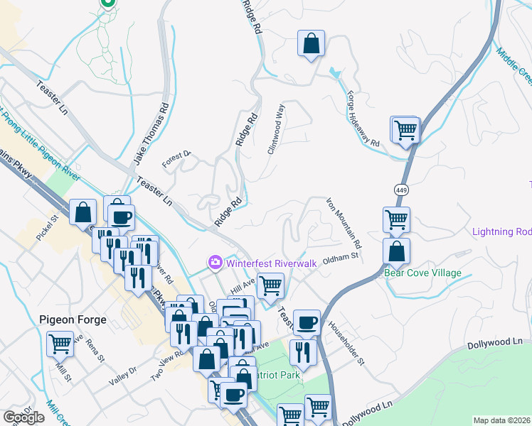 map of restaurants, bars, coffee shops, grocery stores, and more near 621 Iron Mountain Road in Pigeon Forge