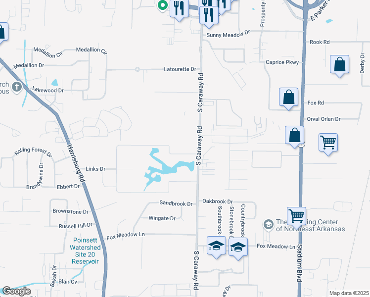 map of restaurants, bars, coffee shops, grocery stores, and more near 1424 Links Circle in Jonesboro