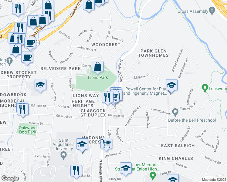 map of restaurants, bars, coffee shops, grocery stores, and more near 1401 North Raleigh Boulevard in Raleigh
