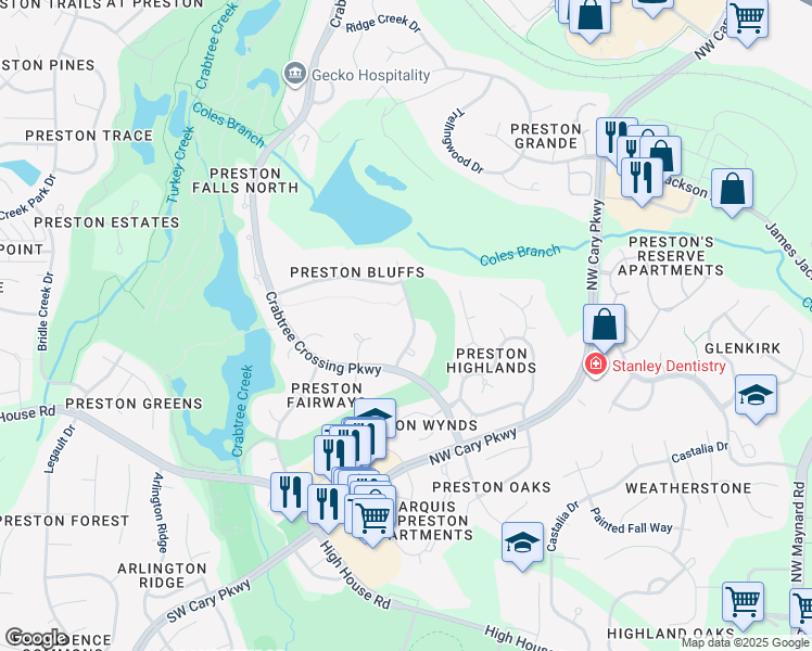 map of restaurants, bars, coffee shops, grocery stores, and more near 109 Grey Bridge Row in Cary