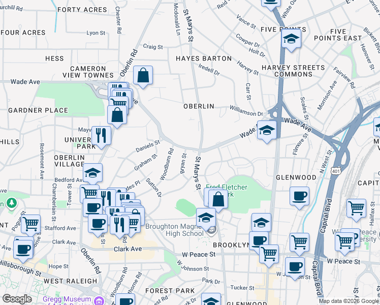 map of restaurants, bars, coffee shops, grocery stores, and more near 713 Wade Avenue in Raleigh
