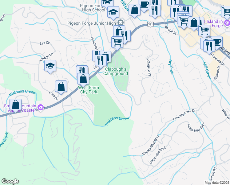 map of restaurants, bars, coffee shops, grocery stores, and more near 2649 High Valley Drive in Pigeon Forge