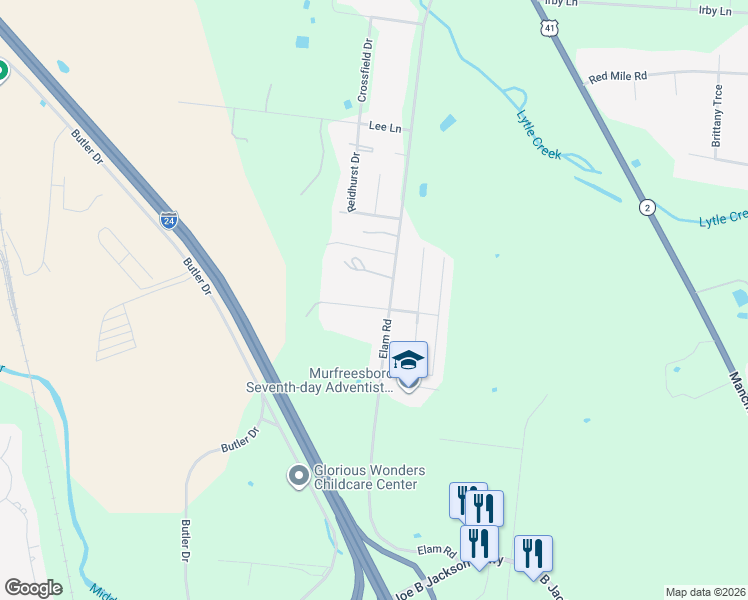 map of restaurants, bars, coffee shops, grocery stores, and more near 2143 Strickland Drive in Murfreesboro