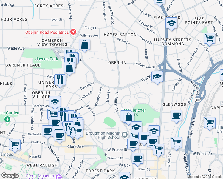 map of restaurants, bars, coffee shops, grocery stores, and more near 717 Wade Avenue in Raleigh