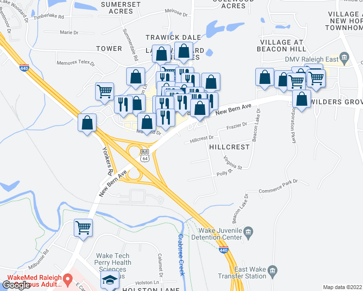 map of restaurants, bars, coffee shops, grocery stores, and more near 3600 New Bern Avenue in Raleigh