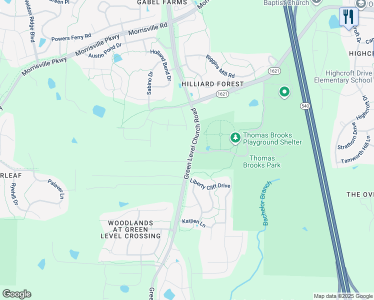 map of restaurants, bars, coffee shops, grocery stores, and more near 9009 Green Level Church Road in Cary