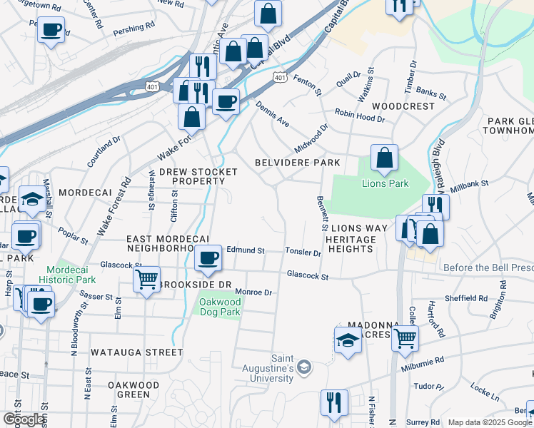 map of restaurants, bars, coffee shops, grocery stores, and more near 709 Birch Arbor Circle in Raleigh