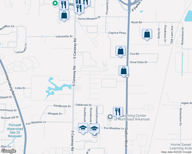 map of restaurants, bars, coffee shops, grocery stores, and more near 2510 Jeanne McQueen Place in Jonesboro