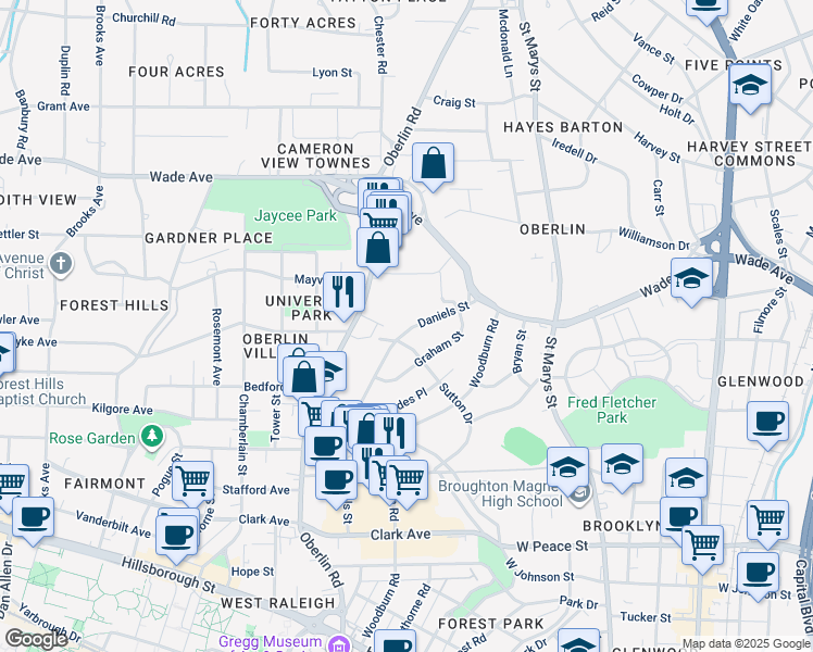 map of restaurants, bars, coffee shops, grocery stores, and more near 827 Daniels Street in Raleigh