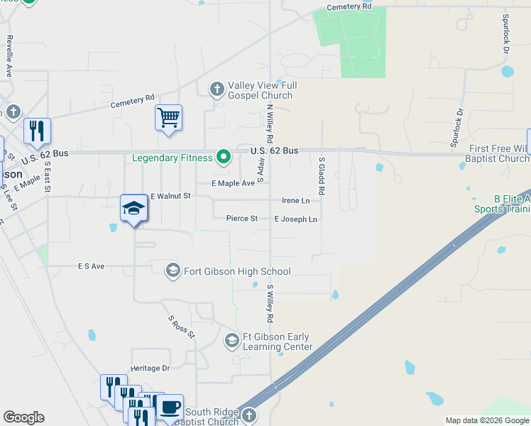 map of restaurants, bars, coffee shops, grocery stores, and more near 1401 Irene Lane in Fort Gibson