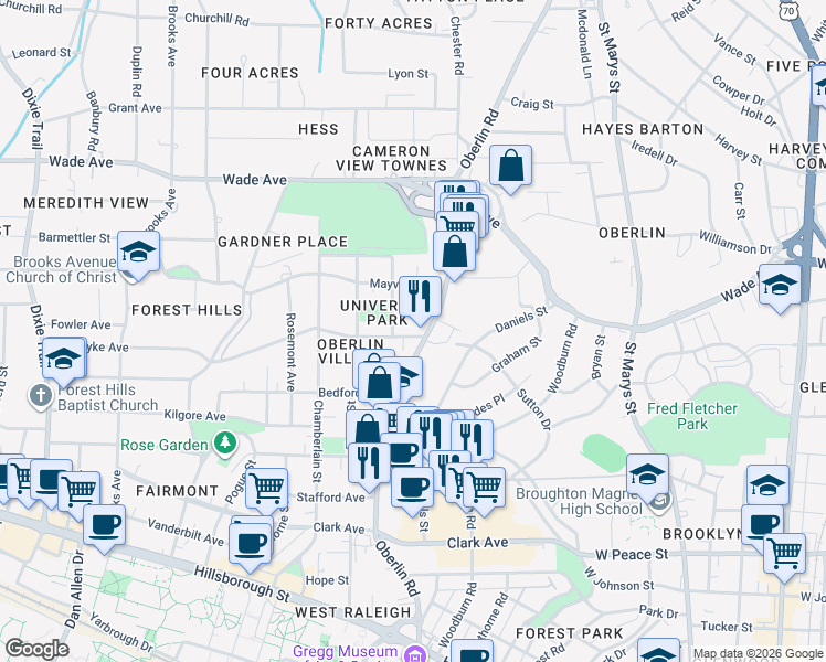 map of restaurants, bars, coffee shops, grocery stores, and more near 2206 Van Dyke Avenue in Raleigh