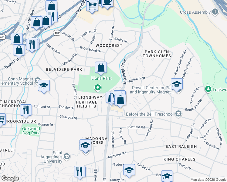 map of restaurants, bars, coffee shops, grocery stores, and more near 1403 North Raleigh Boulevard in Raleigh