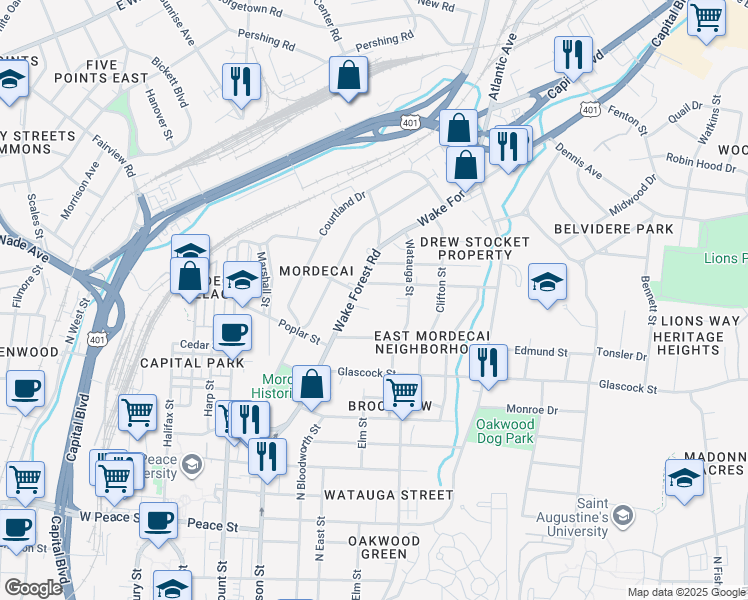 map of restaurants, bars, coffee shops, grocery stores, and more near 1228 Wake Forest Road in Raleigh