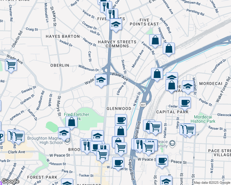map of restaurants, bars, coffee shops, grocery stores, and more near 501 Hamilton Cottage Way in Raleigh