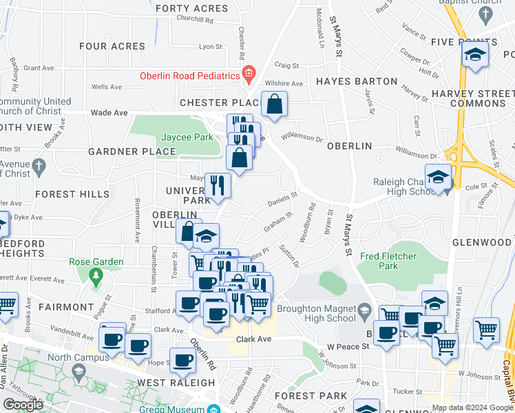 map of restaurants, bars, coffee shops, grocery stores, and more near 821 Daniels Street in Raleigh
