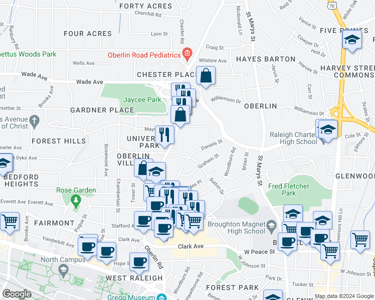 map of restaurants, bars, coffee shops, grocery stores, and more near 1002 Oberlin Road in Raleigh